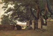 Jean Baptiste Camille  Corot A Gate Shaded by Trees also called Entrance to the Chateau Breton Landscapee (mk05) oil painting on canvas